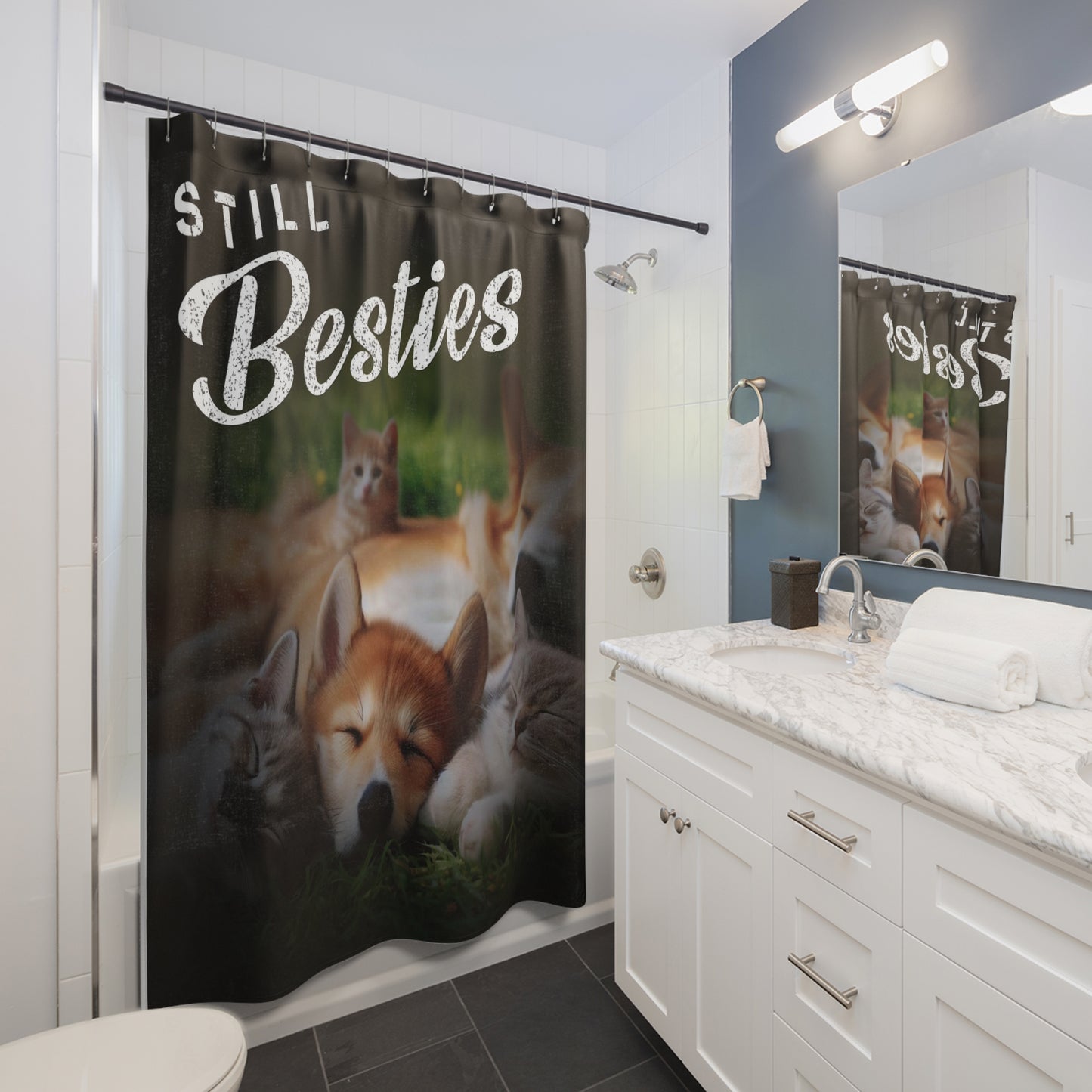 "Still Besties" - Autism Love Language - Dogs & Cats Shower Curtain